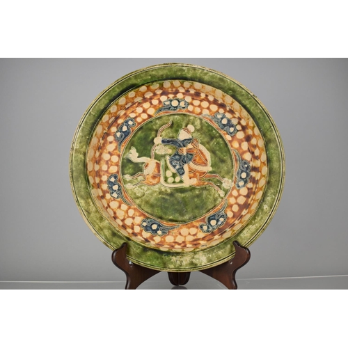 123 - An Chinese Sancai Pottery Charger Decorated with Central Horse and Mounted Archer Cartouche on Scrol... 