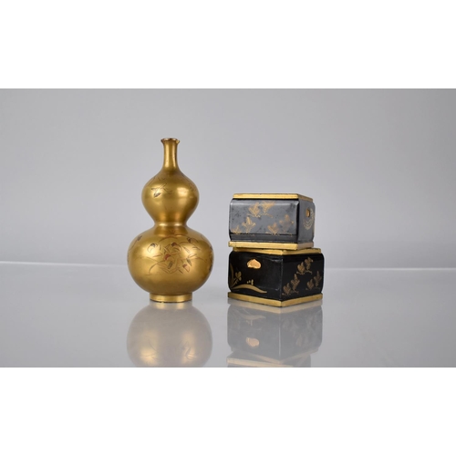 145 - Three Pieces of Japanese Lacquer to comprise Double Gourd Speckle Gold Based Vase with Gilt Ground d... 