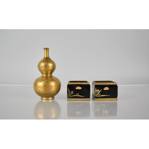 145 - Three Pieces of Japanese Lacquer to comprise Double Gourd Speckle Gold Based Vase with Gilt Ground d... 