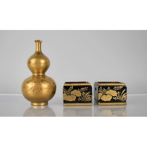 145 - Three Pieces of Japanese Lacquer to comprise Double Gourd Speckle Gold Based Vase with Gilt Ground d... 