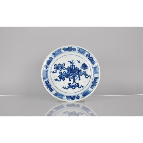 6 - A Chinese Porcelain Blue and White Crackle Glazed Plate Decorated with Precious Objects, Scrolls Etc... 