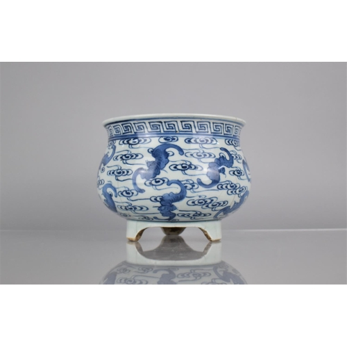 36 - A Chinese Porcelain Blue and White Censer decorated with Bats on Scrolled Ground and Greek Key Trim,... 