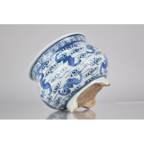 36 - A Chinese Porcelain Blue and White Censer decorated with Bats on Scrolled Ground and Greek Key Trim,... 