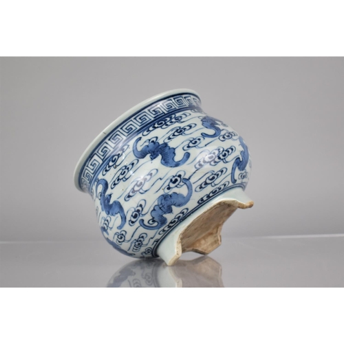 36 - A Chinese Porcelain Blue and White Censer decorated with Bats on Scrolled Ground and Greek Key Trim,... 