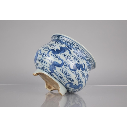 36 - A Chinese Porcelain Blue and White Censer decorated with Bats on Scrolled Ground and Greek Key Trim,... 