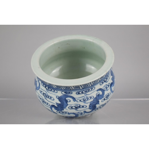 36 - A Chinese Porcelain Blue and White Censer decorated with Bats on Scrolled Ground and Greek Key Trim,... 