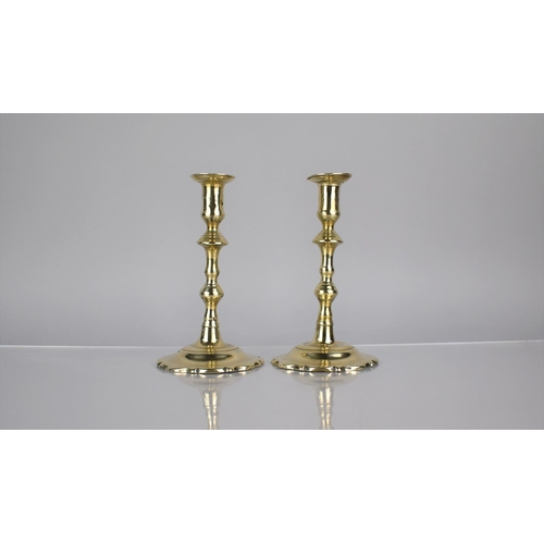 230 - A Pair of 18th Century George III Brass Candlesticks with Shaped Stems over Wavey Rococo Bases, 19cm... 