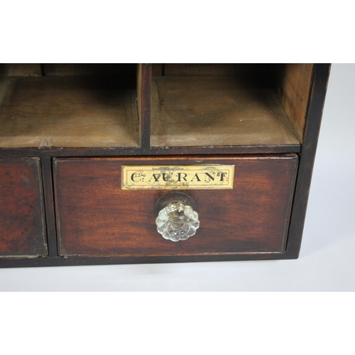 219 - A Bank of 19th Century Apothecary Shop Pigeon Holes and Three Drawers with Glass Knobs, 23x101x73cms... 