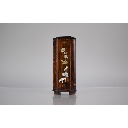 147 - A Chinese Mother of Pearl Inlaid Wooden Spill Vase of Canted Square Form, 14cms High