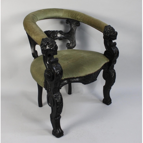 370 - A 19th Century Ebonised Oak Desk Chair with an Upholstered Yoke-Back Rail over Carved Back Splat and... 