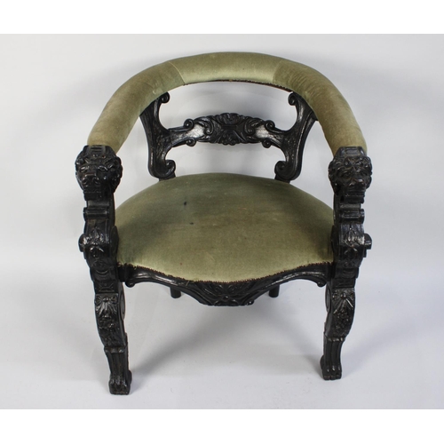 370 - A 19th Century Ebonised Oak Desk Chair with an Upholstered Yoke-Back Rail over Carved Back Splat and... 