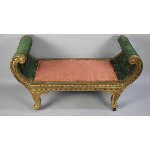 197 - An Early 20th Century Giltwood Window Seat with Carved Scroll Ends over Shaped Legs. 51x113x59cms Hi... 