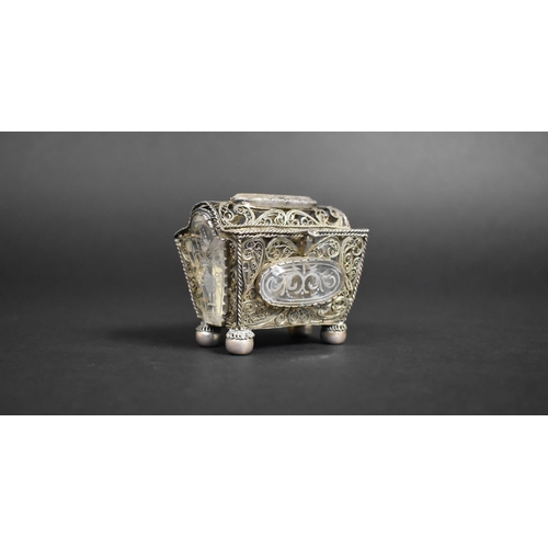 345 - A Silver Filigree and Engraved Rock Crystal Casket Trinket Box of Sarcophagus Form with Hinged Lid a... 