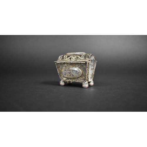 345 - A Silver Filigree and Engraved Rock Crystal Casket Trinket Box of Sarcophagus Form with Hinged Lid a... 