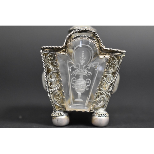 345 - A Silver Filigree and Engraved Rock Crystal Casket Trinket Box of Sarcophagus Form with Hinged Lid a... 