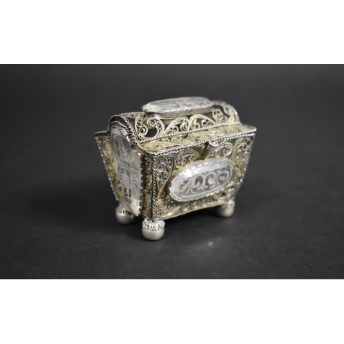 345 - A Silver Filigree and Engraved Rock Crystal Casket Trinket Box of Sarcophagus Form with Hinged Lid a... 