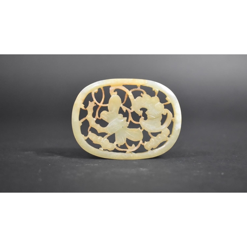 139 - A Carved and Pierced Jade Oval Plaque featuring Bat and Butterfly on Fitted Wooden Base, Plaque 6.5c... 