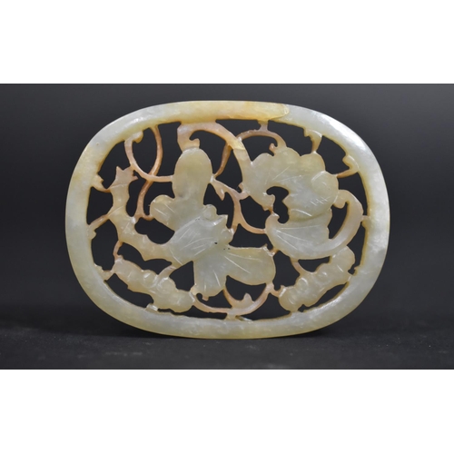 139 - A Carved and Pierced Jade Oval Plaque featuring Bat and Butterfly on Fitted Wooden Base, Plaque 6.5c... 