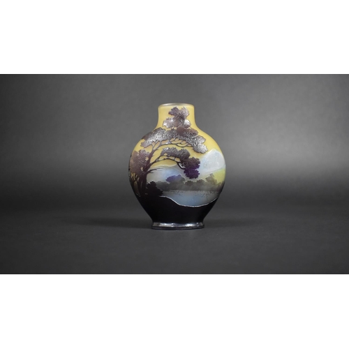 327 - A Galle Cameo Vase of Flask Form decorated with Overlaid Purple and Acid Etched Mountain Scene with ... 