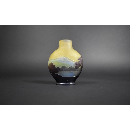 327 - A Galle Cameo Vase of Flask Form decorated with Overlaid Purple and Acid Etched Mountain Scene with ... 