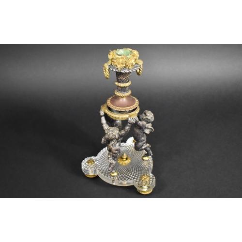 326 - A Late 19th/Early 20th Century Bronze and Cut Glass Cherub Centre Piece, Baccarat Hobnail Cut Trefoi... 