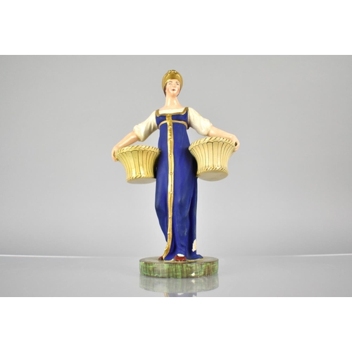 314 - A Russian Porcelain Figure Modelled as a Lady Standing Carrying Two Baskets in Blue Dress on Circula... 