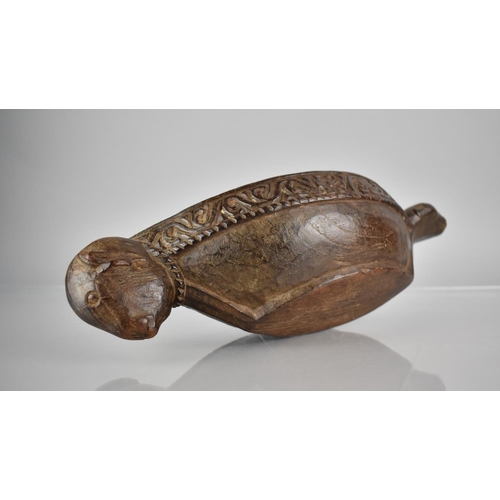 265 - A Carved Wooden Water Drinking Bowl of Kharal Form , Boat Shaped with Buffalo Handle and Muridae Pou... 