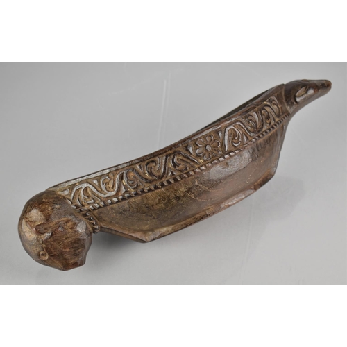 265 - A Carved Wooden Water Drinking Bowl of Kharal Form , Boat Shaped with Buffalo Handle and Muridae Pou... 