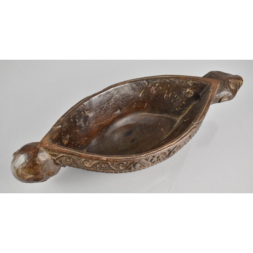 265 - A Carved Wooden Water Drinking Bowl of Kharal Form , Boat Shaped with Buffalo Handle and Muridae Pou... 