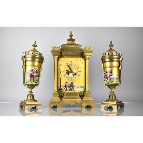 262 - A Late 19th/Early 20th Century French Gilt Metal and Porcelain Garniture, The Clock of Architectural... 