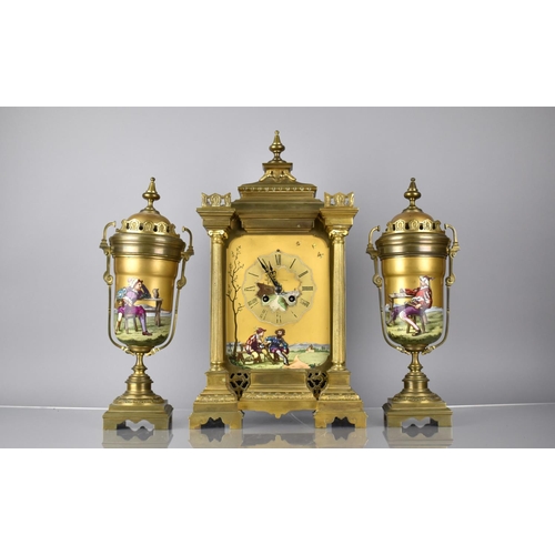 262 - A Late 19th/Early 20th Century French Gilt Metal and Porcelain Garniture, The Clock of Architectural... 