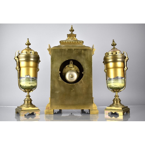 262 - A Late 19th/Early 20th Century French Gilt Metal and Porcelain Garniture, The Clock of Architectural... 