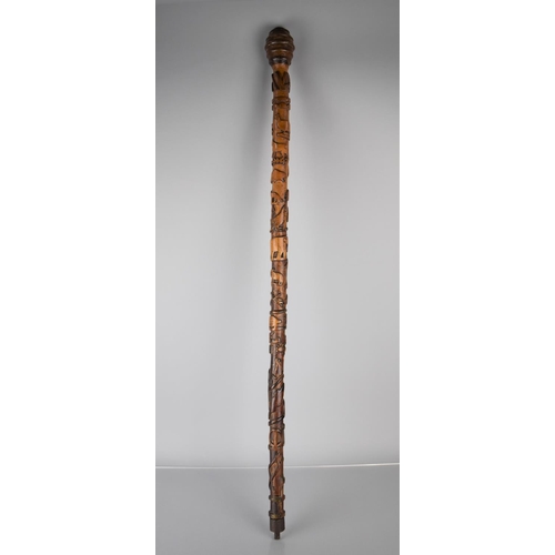 257 - A 19th/20th Century Carved Soft Wood Stick Carved in Relief with Various Animals, Birds, Insects and... 