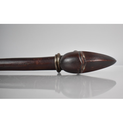 249 - A Tribal Hardwood Ball Club Throwing Axe with Horned Creature Finial with Metal Mounted Eyes and Nos... 