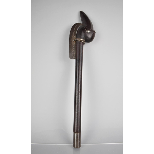 249 - A Tribal Hardwood Ball Club Throwing Axe with Horned Creature Finial with Metal Mounted Eyes and Nos... 