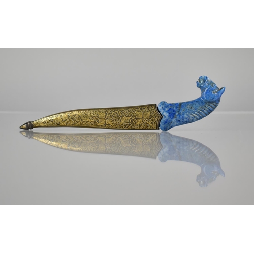 243 - A Persian/Middle Eastern Curned Niello Dagger with Horse Head Handle Carved in Lapis Lazuli, 18cms L... 