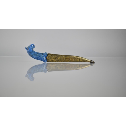 243 - A Persian/Middle Eastern Curned Niello Dagger with Horse Head Handle Carved in Lapis Lazuli, 18cms L... 