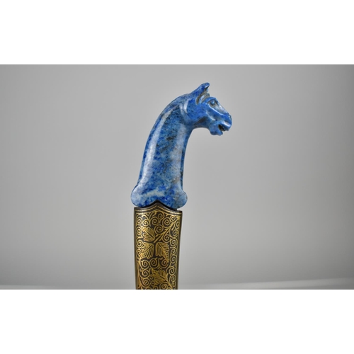 243 - A Persian/Middle Eastern Curned Niello Dagger with Horse Head Handle Carved in Lapis Lazuli, 18cms L... 