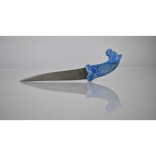 243 - A Persian/Middle Eastern Curned Niello Dagger with Horse Head Handle Carved in Lapis Lazuli, 18cms L... 