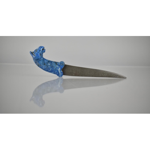 243 - A Persian/Middle Eastern Curned Niello Dagger with Horse Head Handle Carved in Lapis Lazuli, 18cms L... 