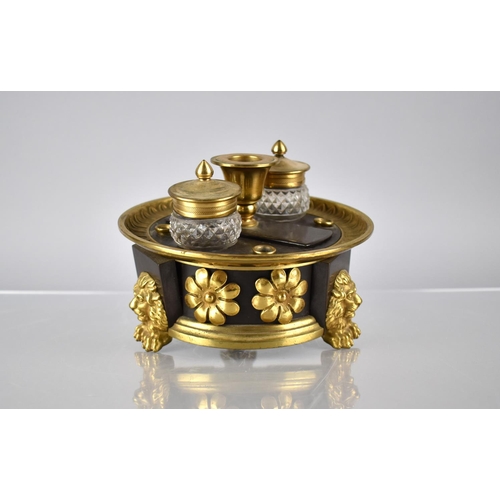 232 - A Regency Bronze and Gilt Ink Stand of Circular Footed Form complete with Two Cut Glass Inkwells Rai... 