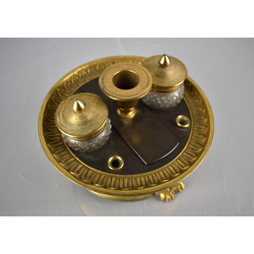 232 - A Regency Bronze and Gilt Ink Stand of Circular Footed Form complete with Two Cut Glass Inkwells Rai... 