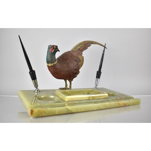 225 - A Large Early 20th Century Cold Painted Bronze Cock Pheasant Mounted in Rectangular Fitted Desk Stan... 