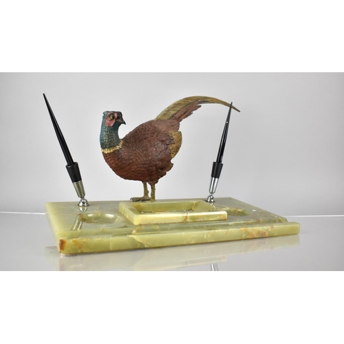 225 - A Large Early 20th Century Cold Painted Bronze Cock Pheasant Mounted in Rectangular Fitted Desk Stan... 