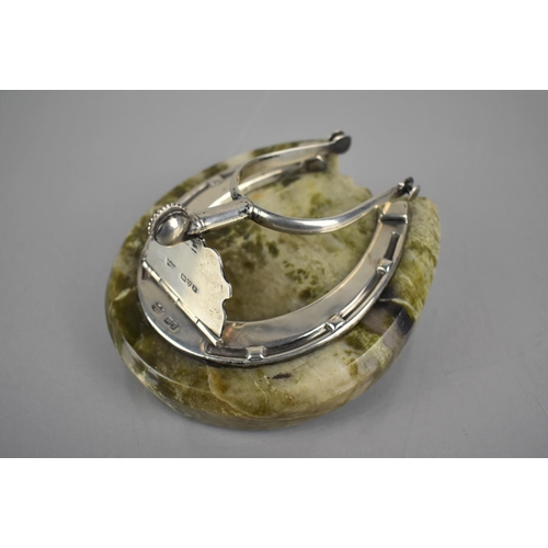 223 - An Edward VII Silver and Connemara Marble Desktop Paperweight Item in the Form of Horseshoe and Spur... 