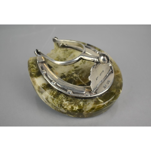 223 - An Edward VII Silver and Connemara Marble Desktop Paperweight Item in the Form of Horseshoe and Spur... 