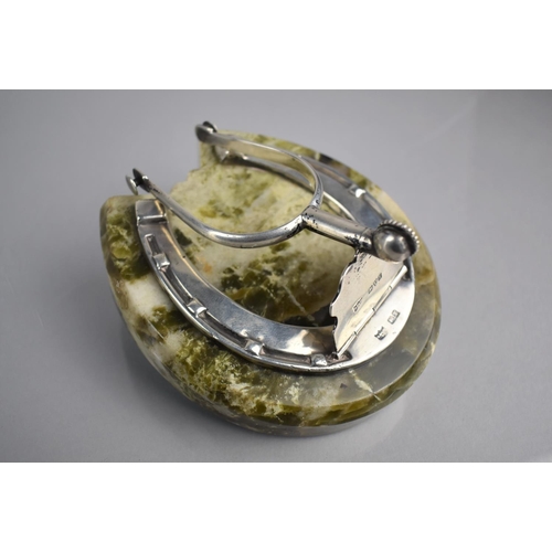 223 - An Edward VII Silver and Connemara Marble Desktop Paperweight Item in the Form of Horseshoe and Spur... 