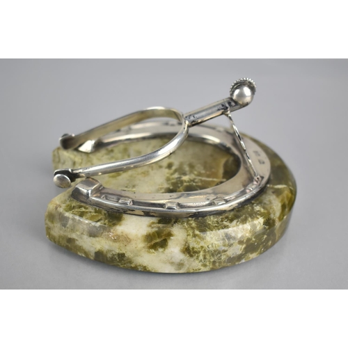 223 - An Edward VII Silver and Connemara Marble Desktop Paperweight Item in the Form of Horseshoe and Spur... 