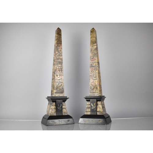 221 - A Pair of 19th Century Egyptian Revival Green and Black Marble Obelisks decorated with Hieroglyphs, ... 