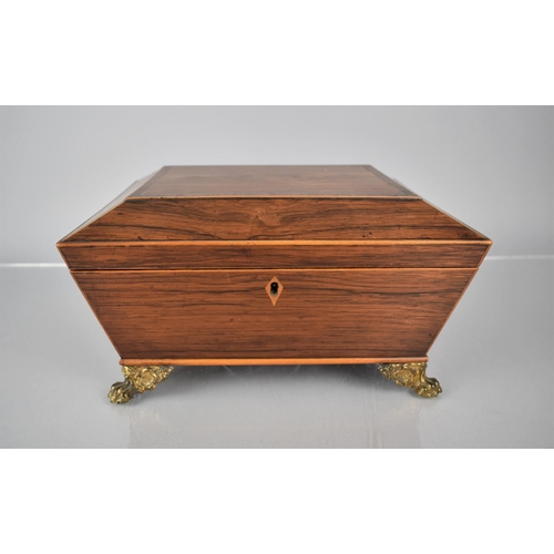 204 - A 19th Century String Inlaid Mahogany Sarcophagus Work Box with Twin Carry Handles on Four Ornate Cl... 